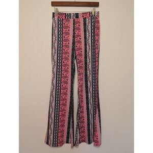Shosho Women Boho Flare Leggings Pants Large Pink Paisley Stripe (fits 28x33)